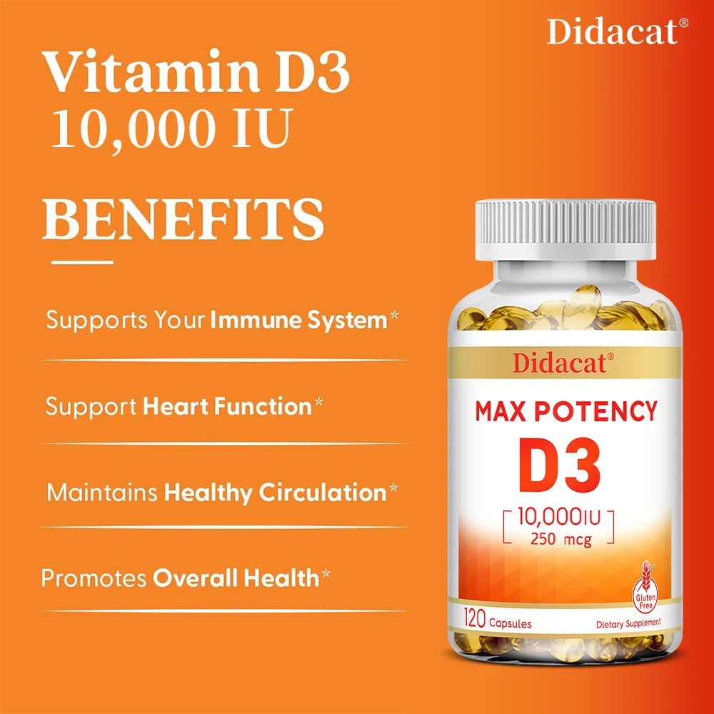Vitamin D3 10,000 IU - Strong Bones, Heart, Immune Support - Non-GMO, Gluten-Free Supplement