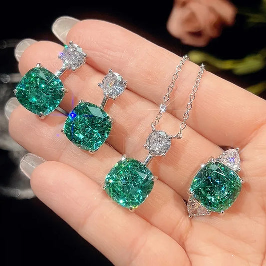 Exquisite Square Cut Green Crystal Jewelry Necklace Adjustable Ring Earrings Dress Accessories Design Trendy Fashion for Women