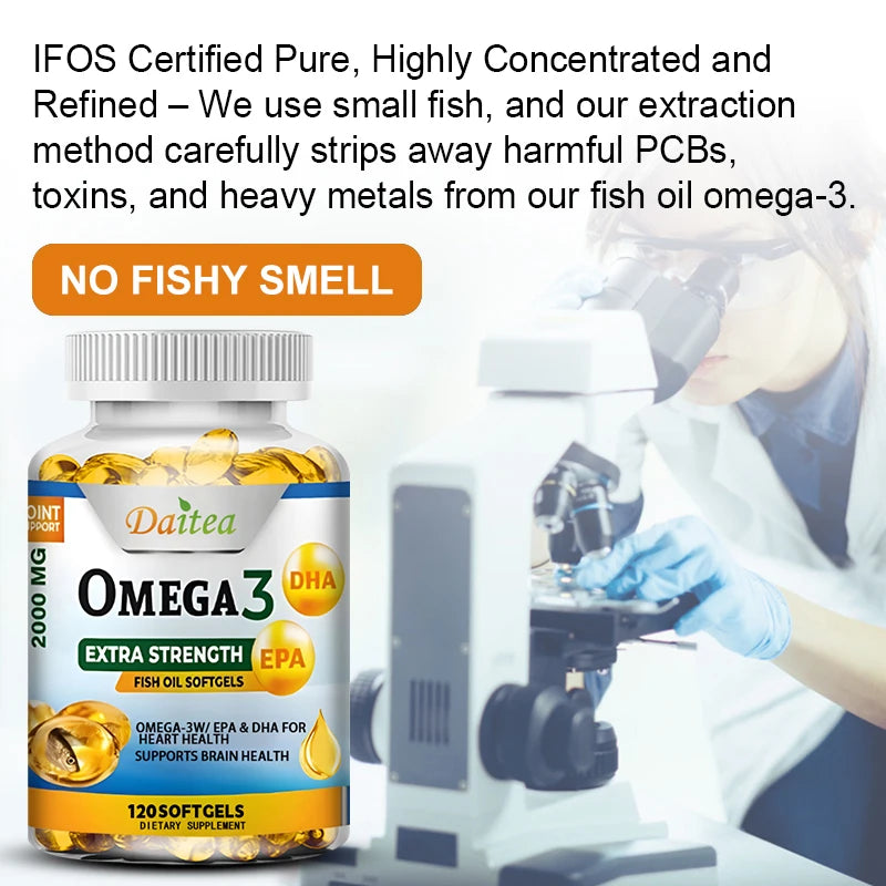 Premium Omega-3 Fish Oil, 2000 Mg EPA & DHA, Brain, Heart, Joint & Eye Health, Dietary Supplement, 30/60/120 Capsules, NON-GMO