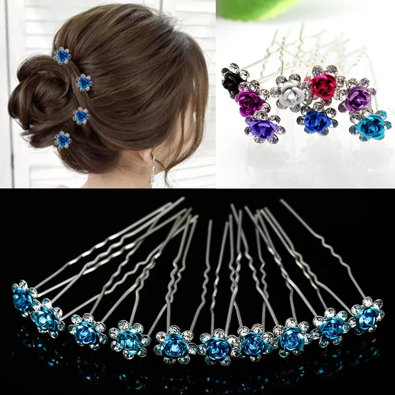 20pcs/lot Fashion U Shape Crystal Hair Fork Rhinestone Flower Hair Pin Sticks For Women Wedding Bridal Hair Accessories Jewelry