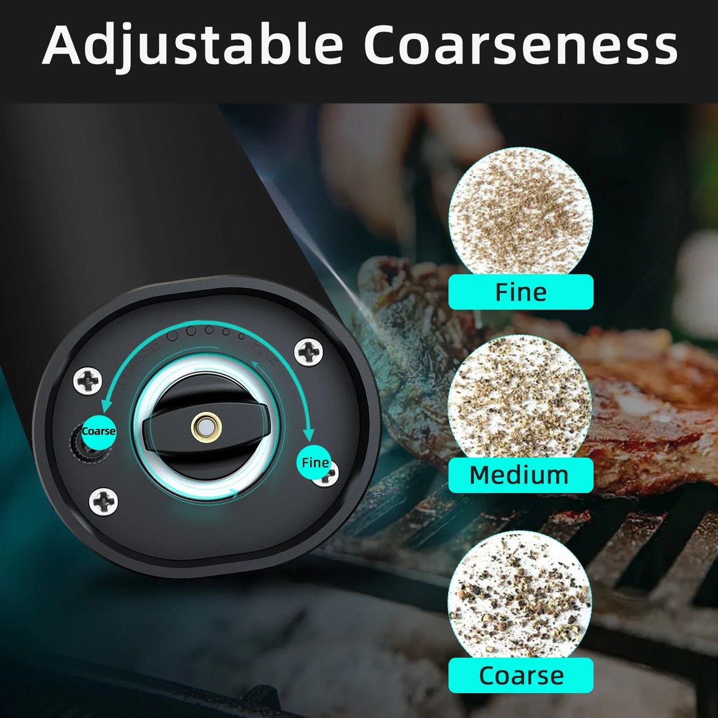 Electric Pepper And Salt Grinder Set Battery Powered With Stylish Base Automatic Pepper Grinder LED Light  Adjustable Thickness